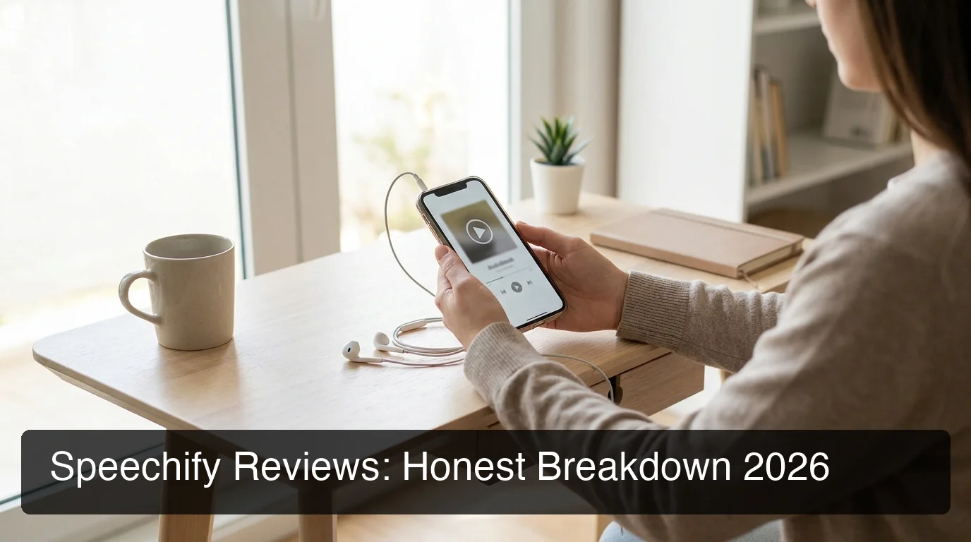Speechify reviews showing text-to-speech app listening to audio on smartphone, natural daylight setting