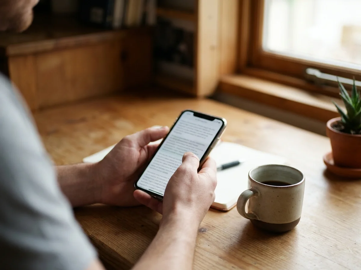 BossAI showing real-time dictation on smartphone keyboard, warm ambient workspace lighting
