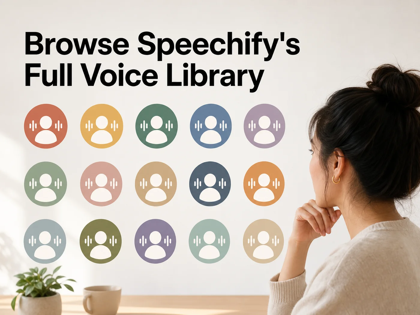 Speechify voice options displayed as a grid of colored avatar icons, the kind of browsing choice BossAI's dictation-first approach skips entirely