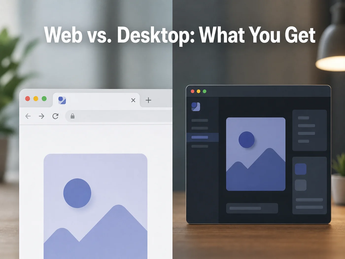 Speechify web app icon and Speechify desktop app icon shown side by side to illustrate the feature split between the two