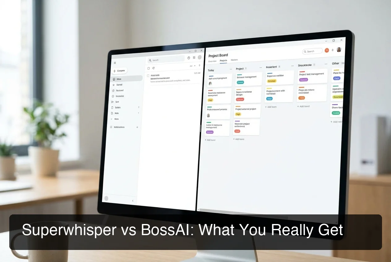 Superwhisper vs BossAI feature comparison showing split screen of both tool interfaces
