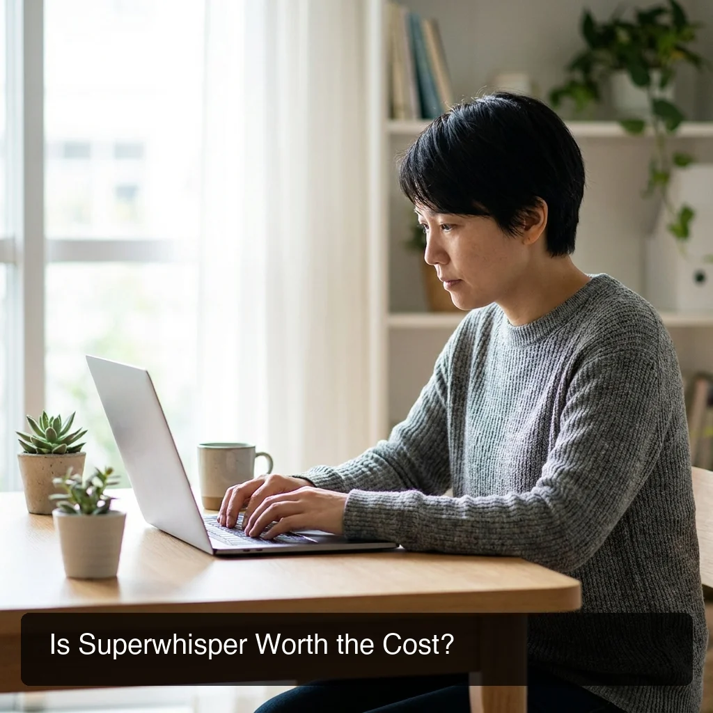 Person using voice dictation on laptop in productive workspace, natural lighting
