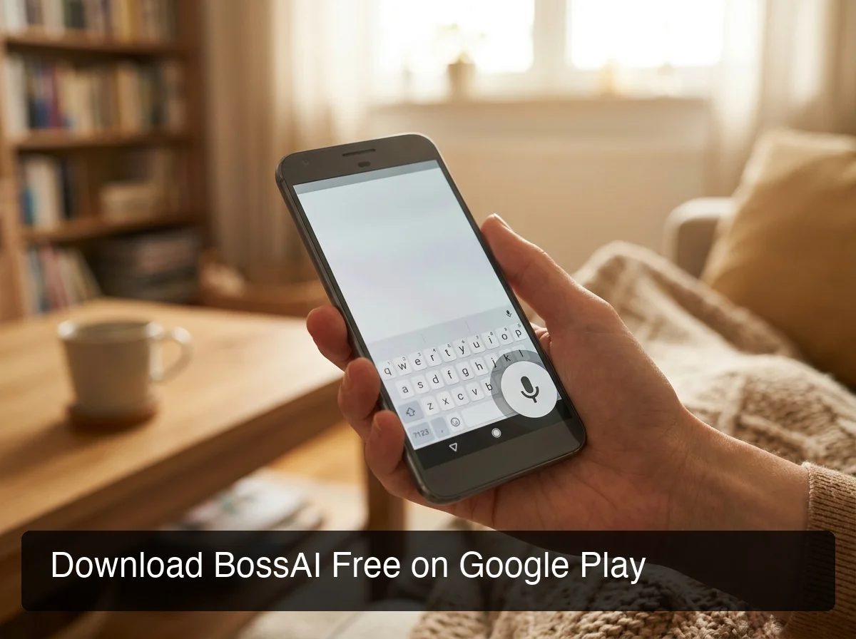BossAI android app on Google Play showing the BossAI keyboard interface with microphone button highlighted, natural lighting