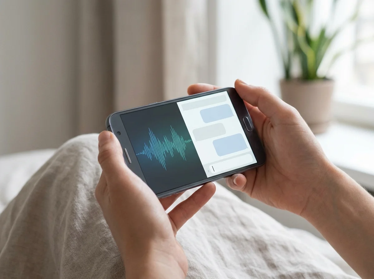 BossAI android real-time transcription showing voice input waves converting to clean text in a messaging app