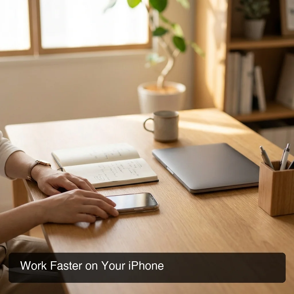 Professional workspace with iPhone showing productivity workflow with keyboard shortcuts and quick actions