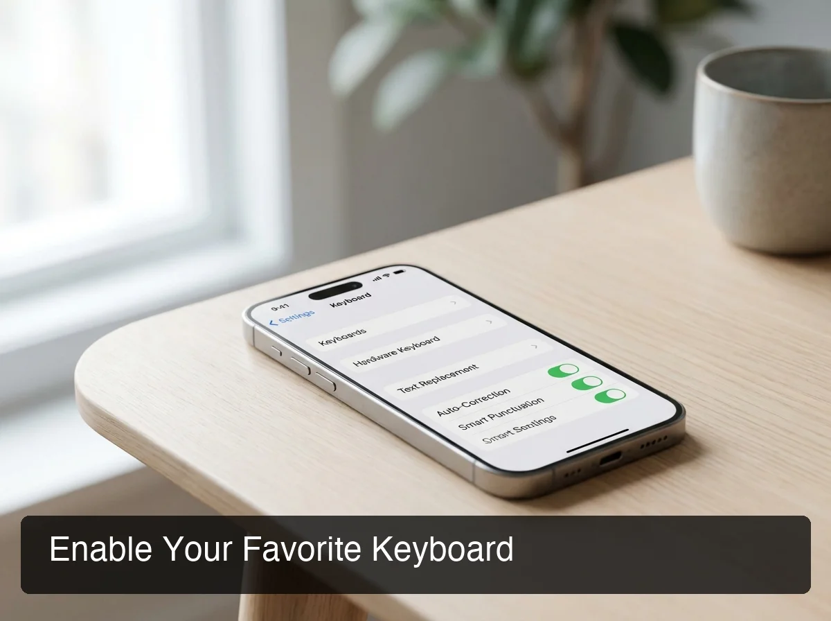 Enable third-party keyboard iPhone Settings showing keyboard configuration menu