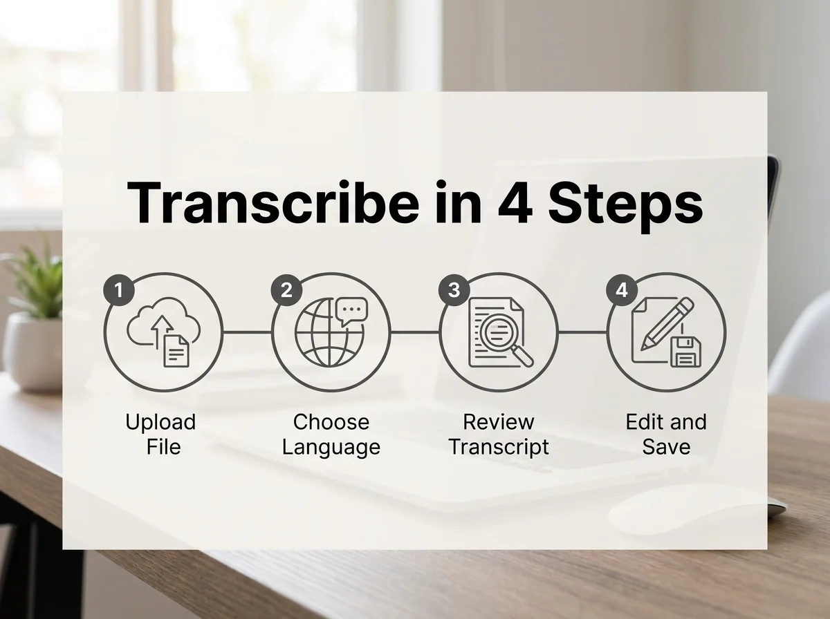 BossAI-style workflow diagram illustrating the word transcription feature steps: upload, choose language, review, edit