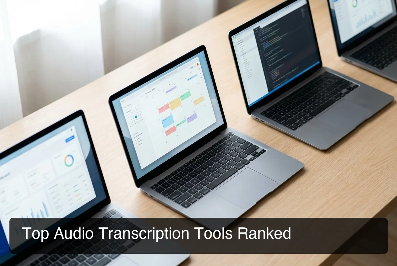 Top audio transcription tools compared — multiple software interfaces on laptop screens