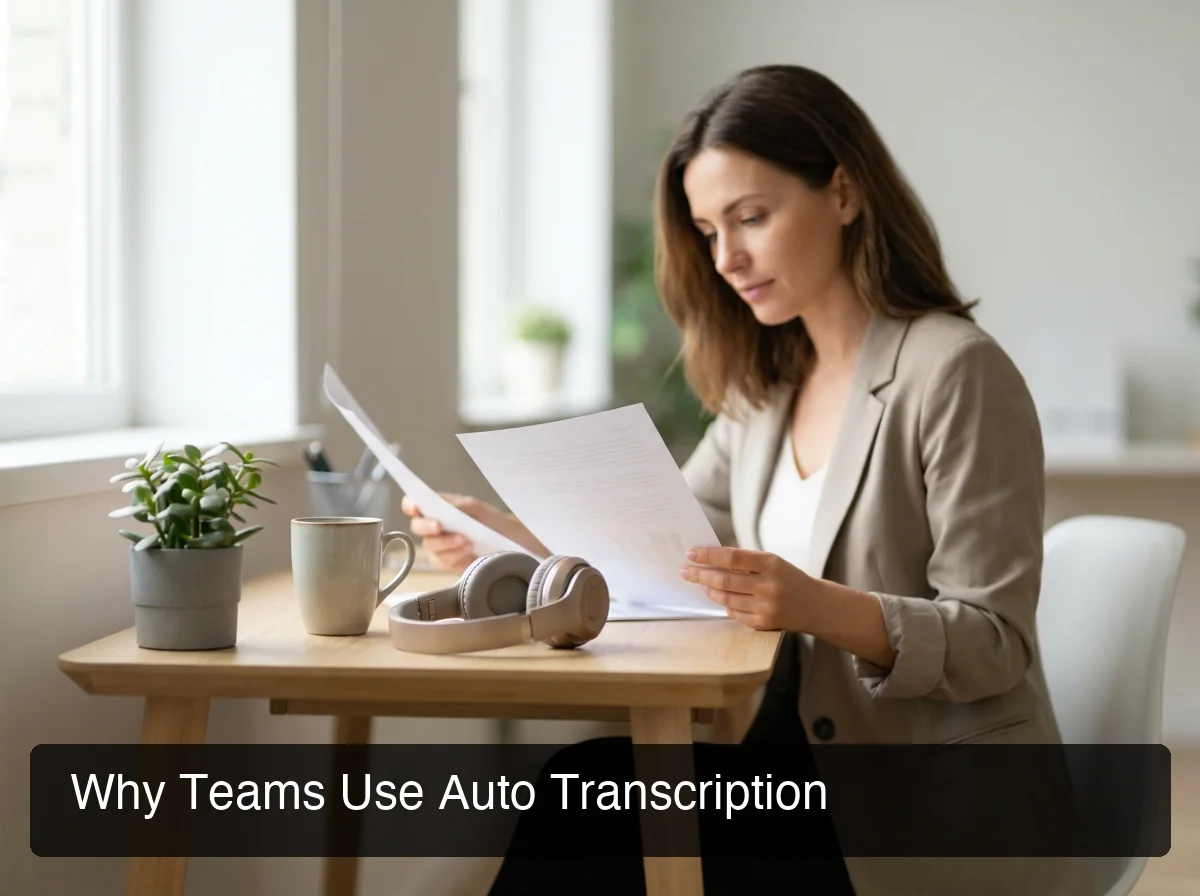 Why teams use audio transcription — professional reviewing notes at desk with headphones