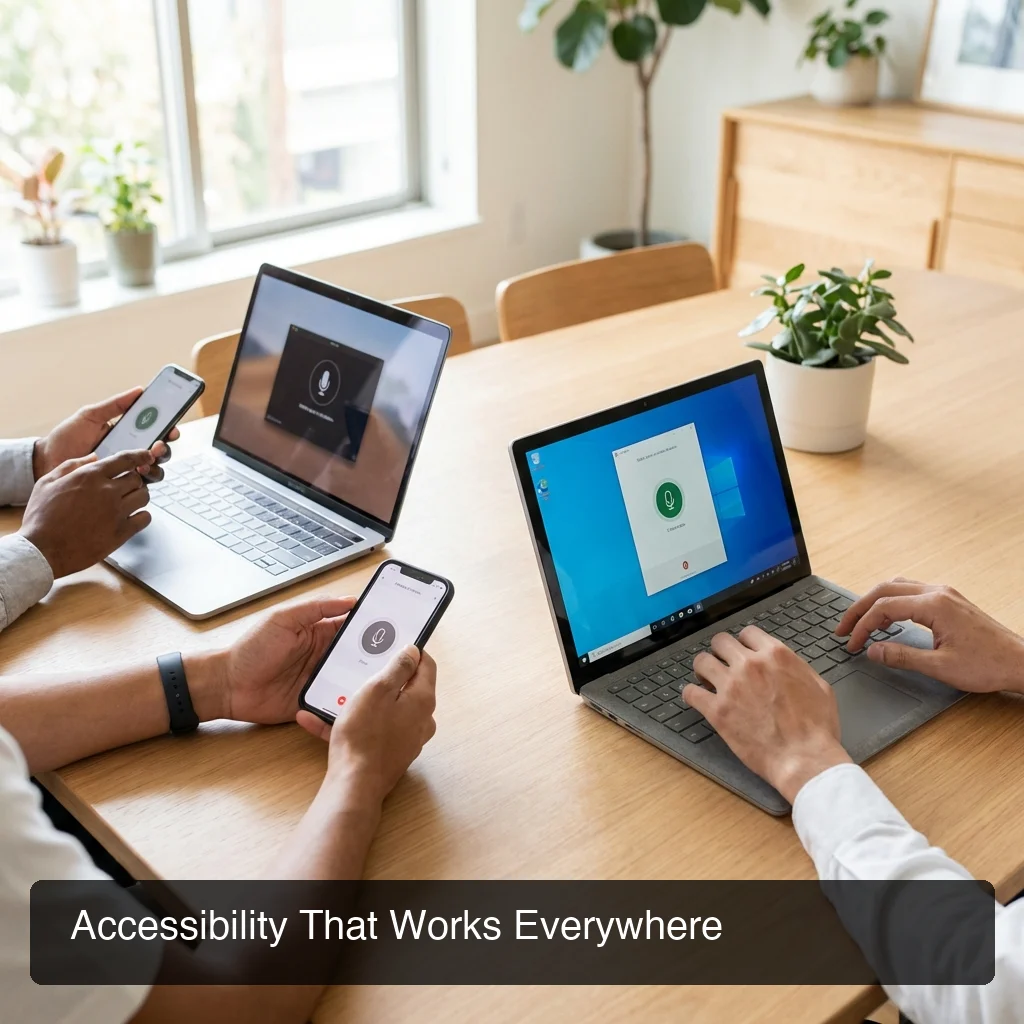 Diverse users with different ethnicities using voice typing on various devices including iPhone, Mac, and Windows