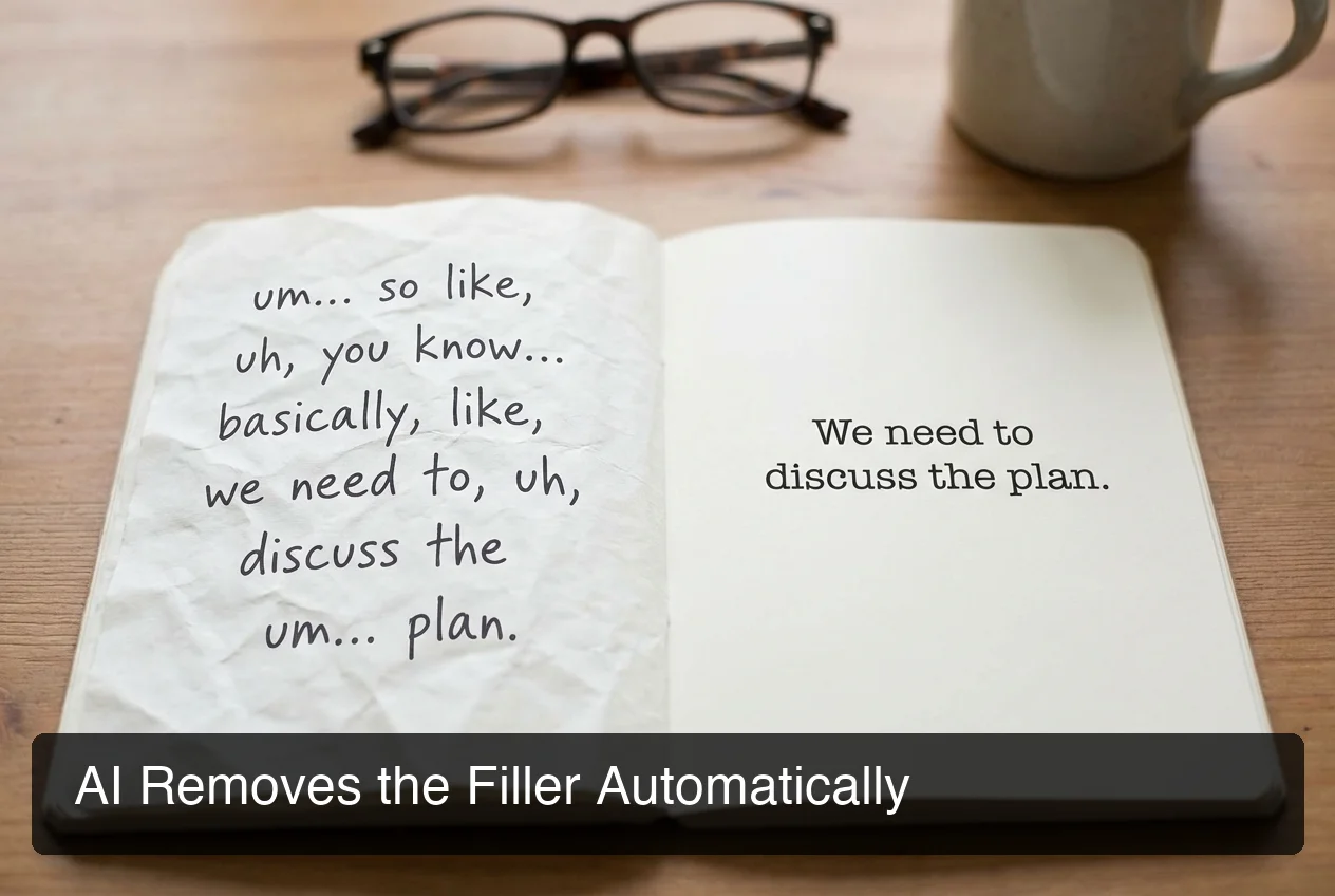 Split-screen comparison showing messy dictation with filler words on left, clean polished text on right
