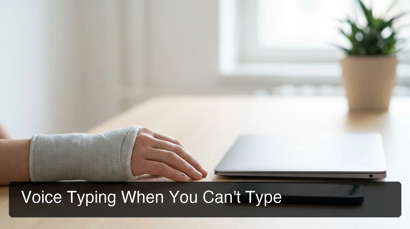 Bright clean workspace with wrist cast on desk next to iPhone and laptop, soft natural lighting
