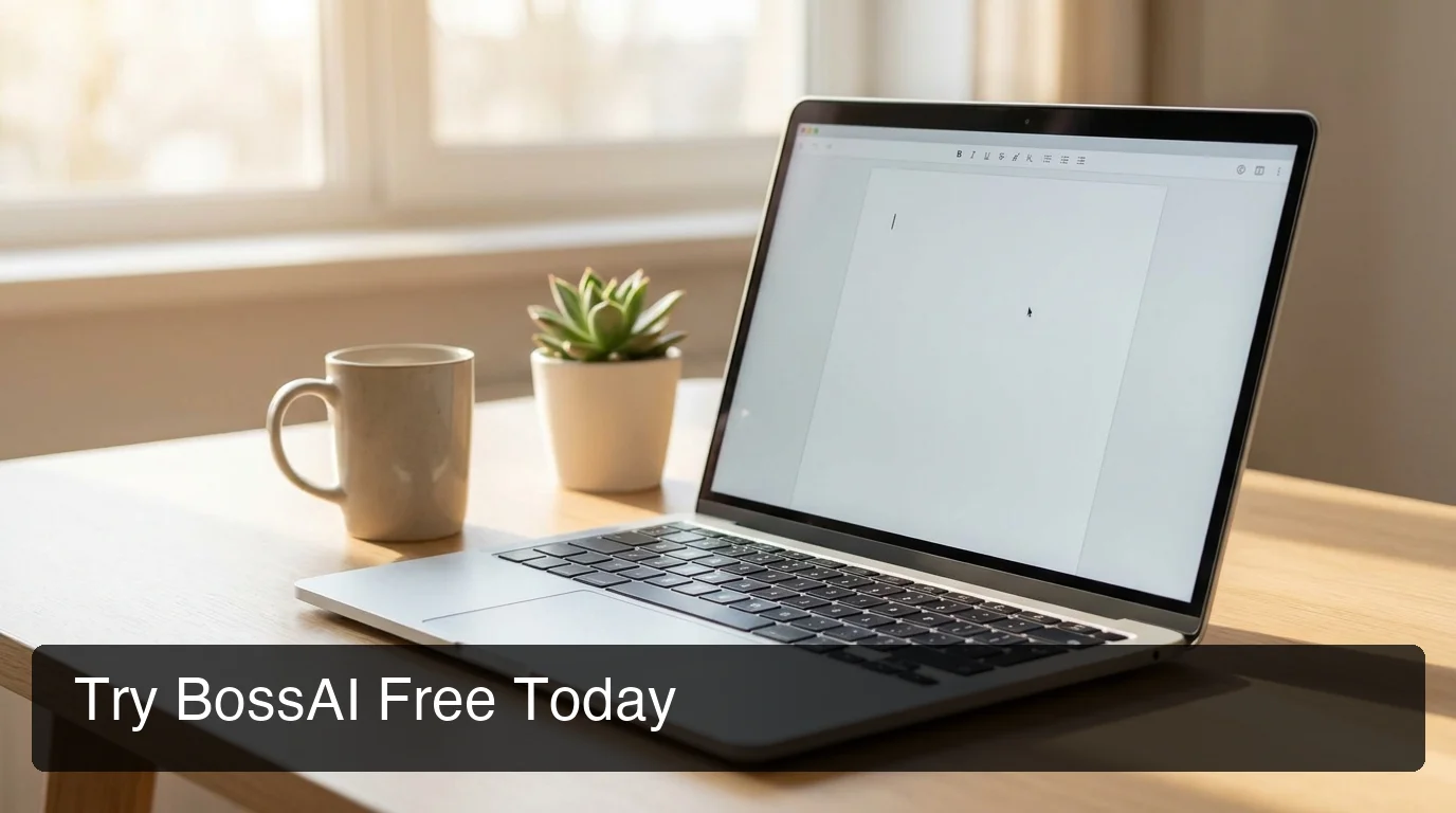 Try BossAI free today — laptop showing writing interface in a clean modern workspace