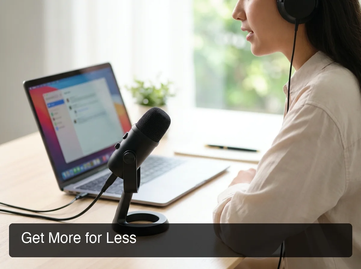 Person using voice dictation at a clean modern desk, focused on productivity