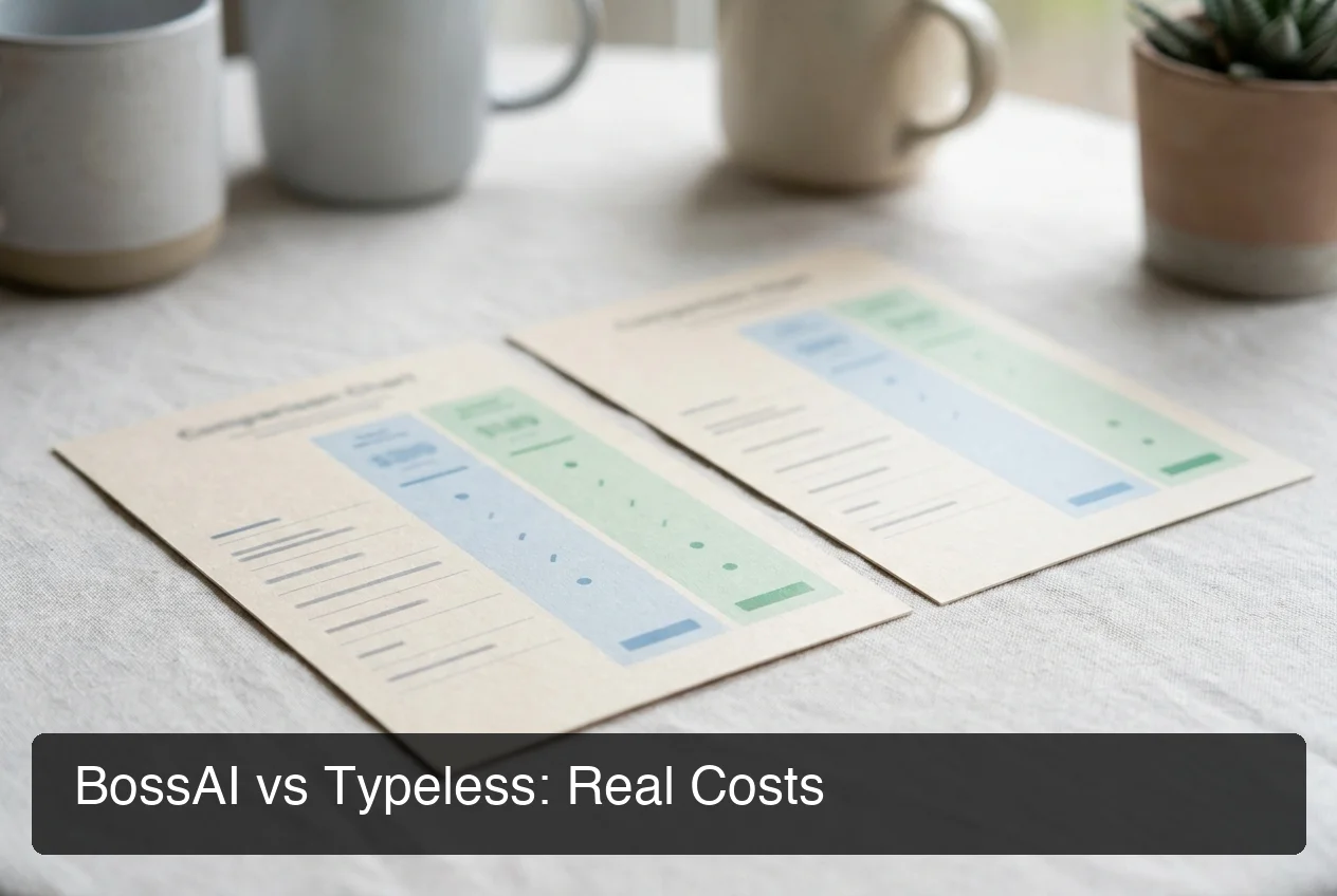 BossAI vs Typeless side-by-side cost comparison showing pricing tiers