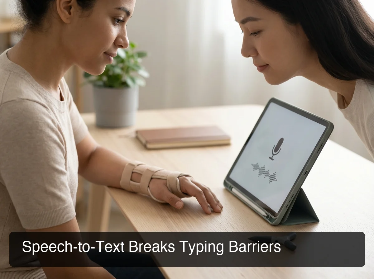Person with limited hand mobility using voice input app on tablet at desk with focused expression