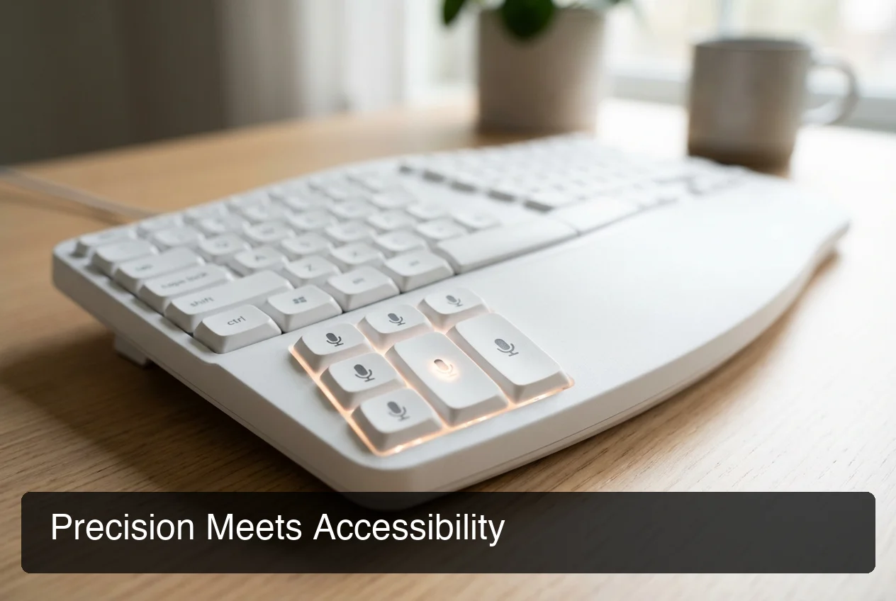 Close-up of accessible keyboard with voice input buttons highlighted in clean tech aesthetic