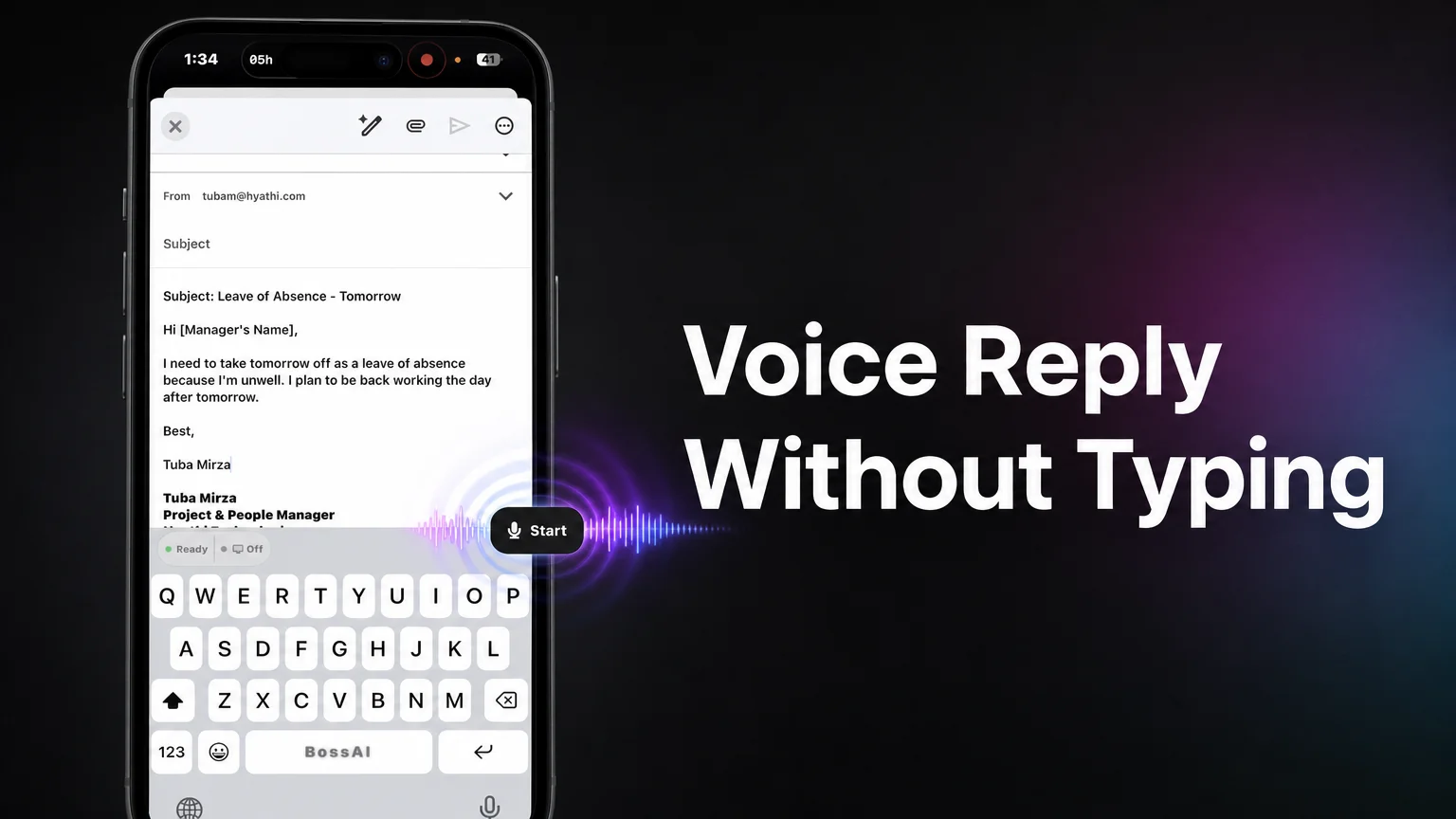 BossAI keyboard active in an email app showing voice dictation for arthritis with a hands-free reply