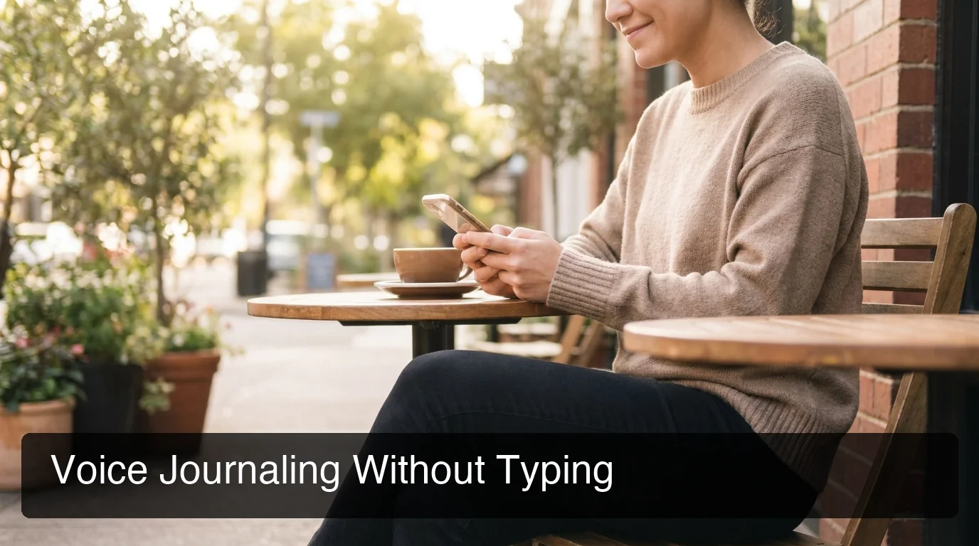 BossAI voice activated journal — person dictating calmly into phone during morning walk, soft natural light, coffee on nearby table