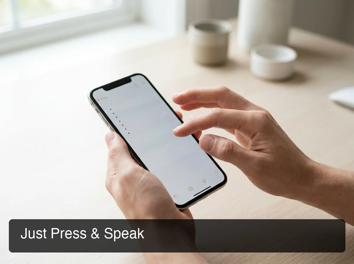 BossAI voice journaling app on iPhone showing microphone button active in keyboard interface with journal entry text visible