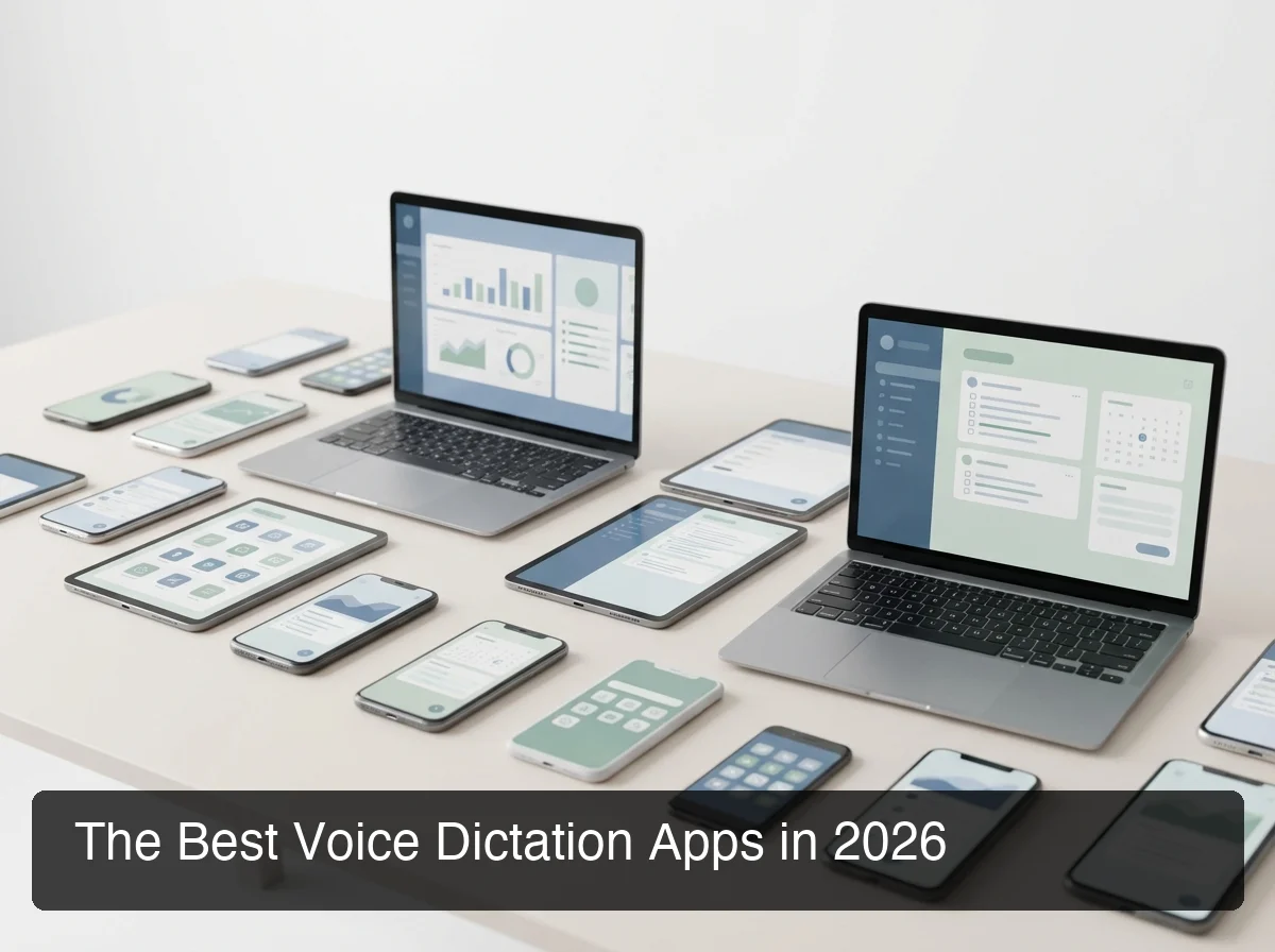 best voice dictation software comparison showing apps across smartphone and desktop screens