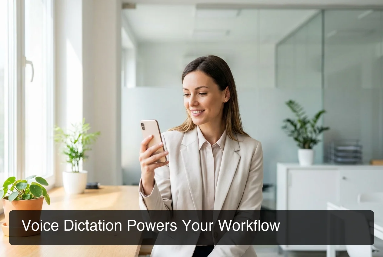 Professional woman using iphone voice input to compose emails in a natural office setting