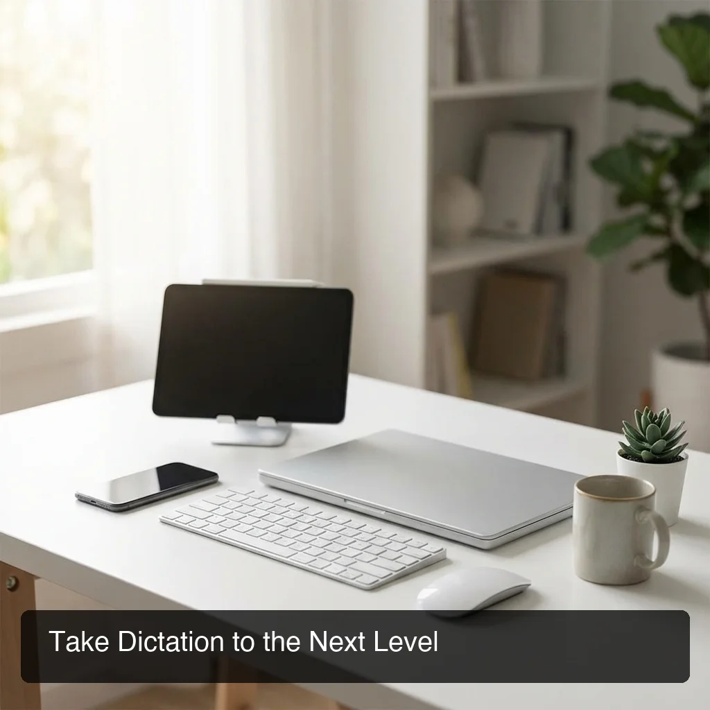 Modern mobile workspace showing voice dictation app iphone with productivity setup and multiple devices