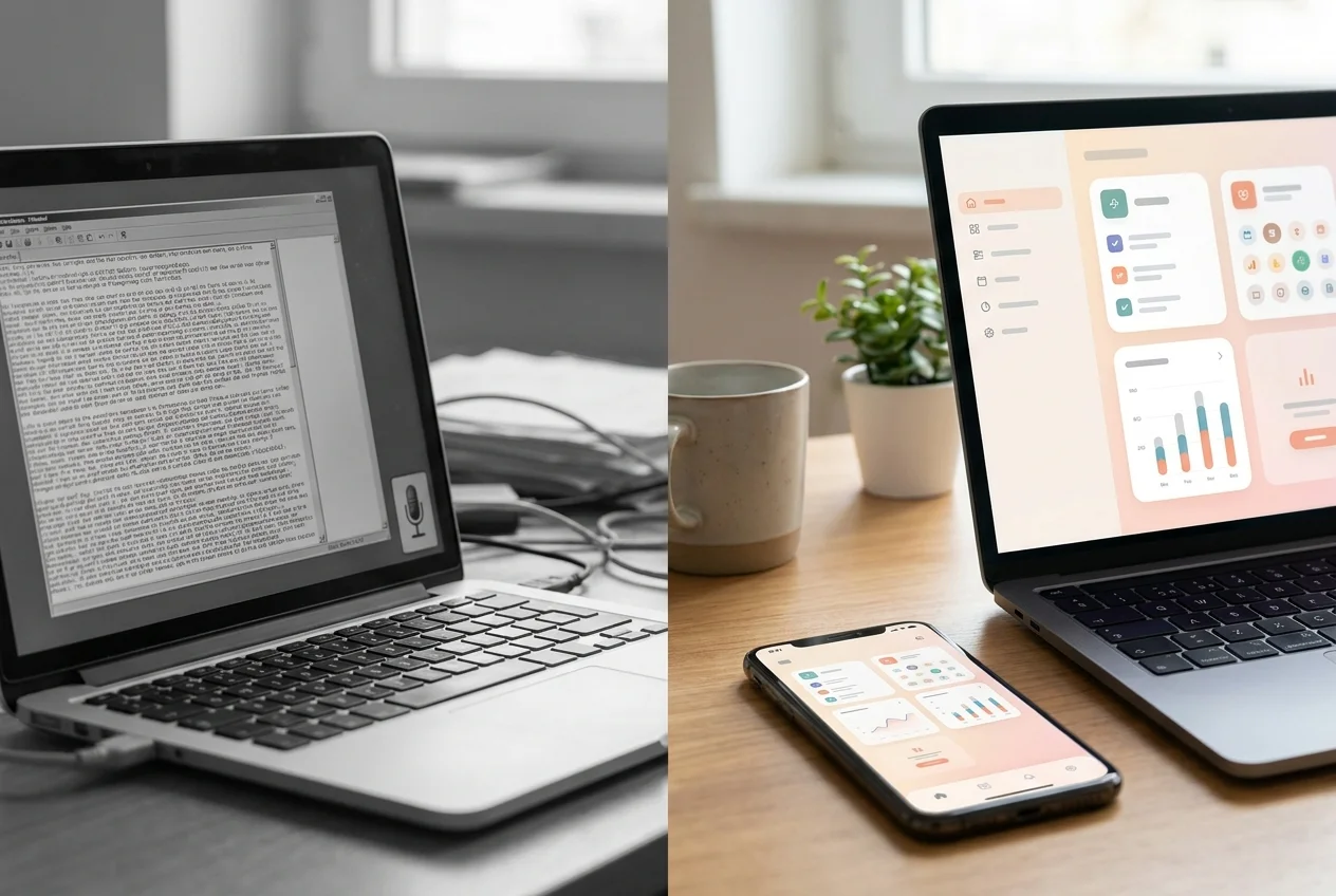 Split-screen comparison of cluttered word ai dictation output versus an organized productivity workspace