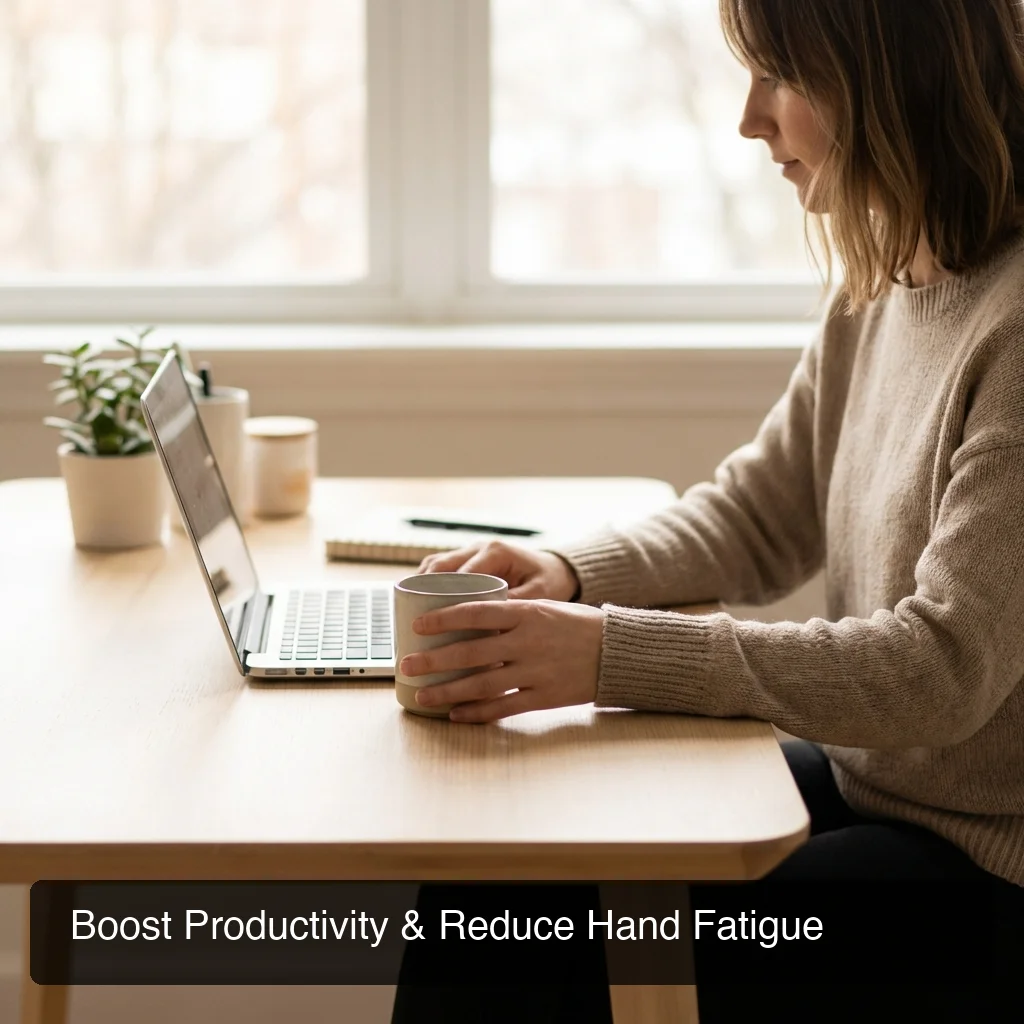 Professional writer at desk with laptop in natural daylight, relaxed posture, modern minimal workspace