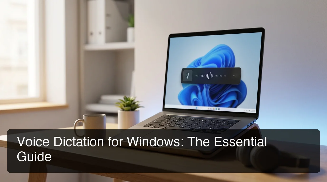 Windows 11 desktop with dictation widget in center, soft blue ambient light, clean minimal workspace