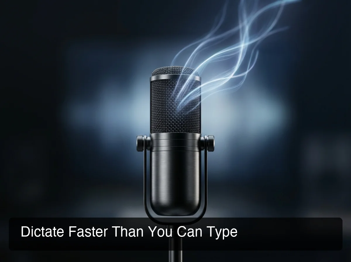 Microphone closeup with sound waves flowing upward, clean minimal tech design, soft lighting