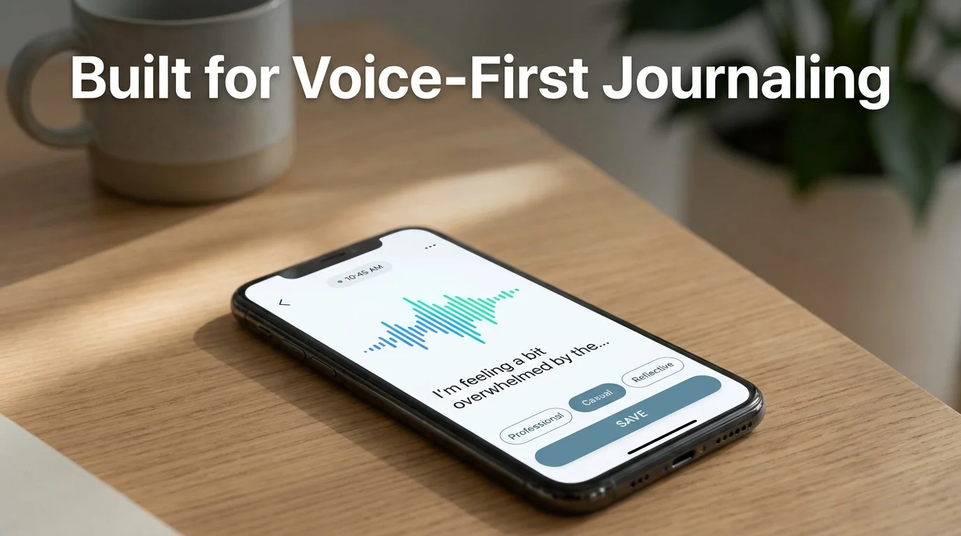 Hands-free journal app interface showing a live recording waveform, partial transcript, and tone selector buttons for Professional, Casual, and Reflective entries