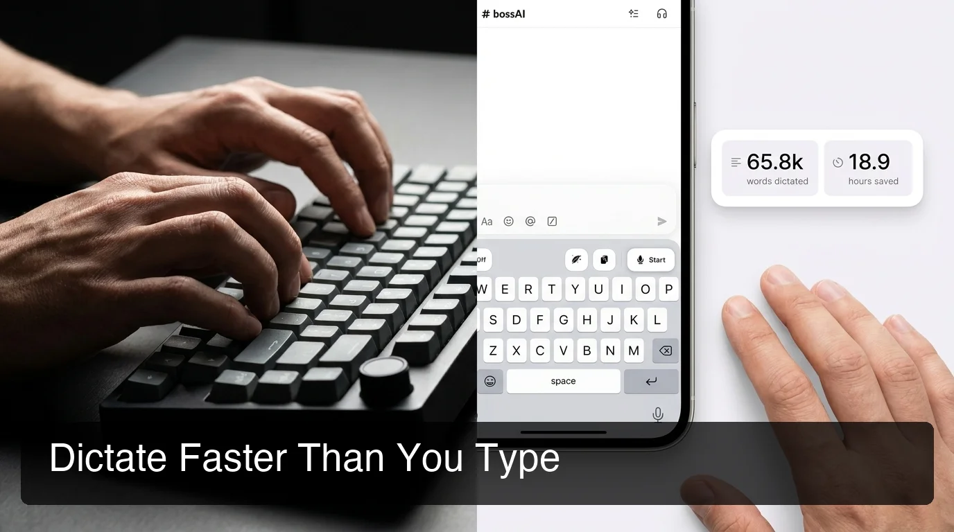 Side-by-side comparison of typing versus voice to text journaling with the BossAI keyboard, showing real usage stats of 65.8k words dictated and 18.9 hours saved