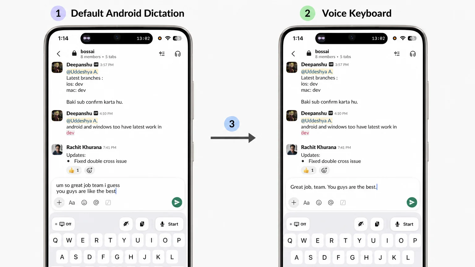 BossAI android voice keyboard comparison showing raw Android dictation next to polished Slack message output