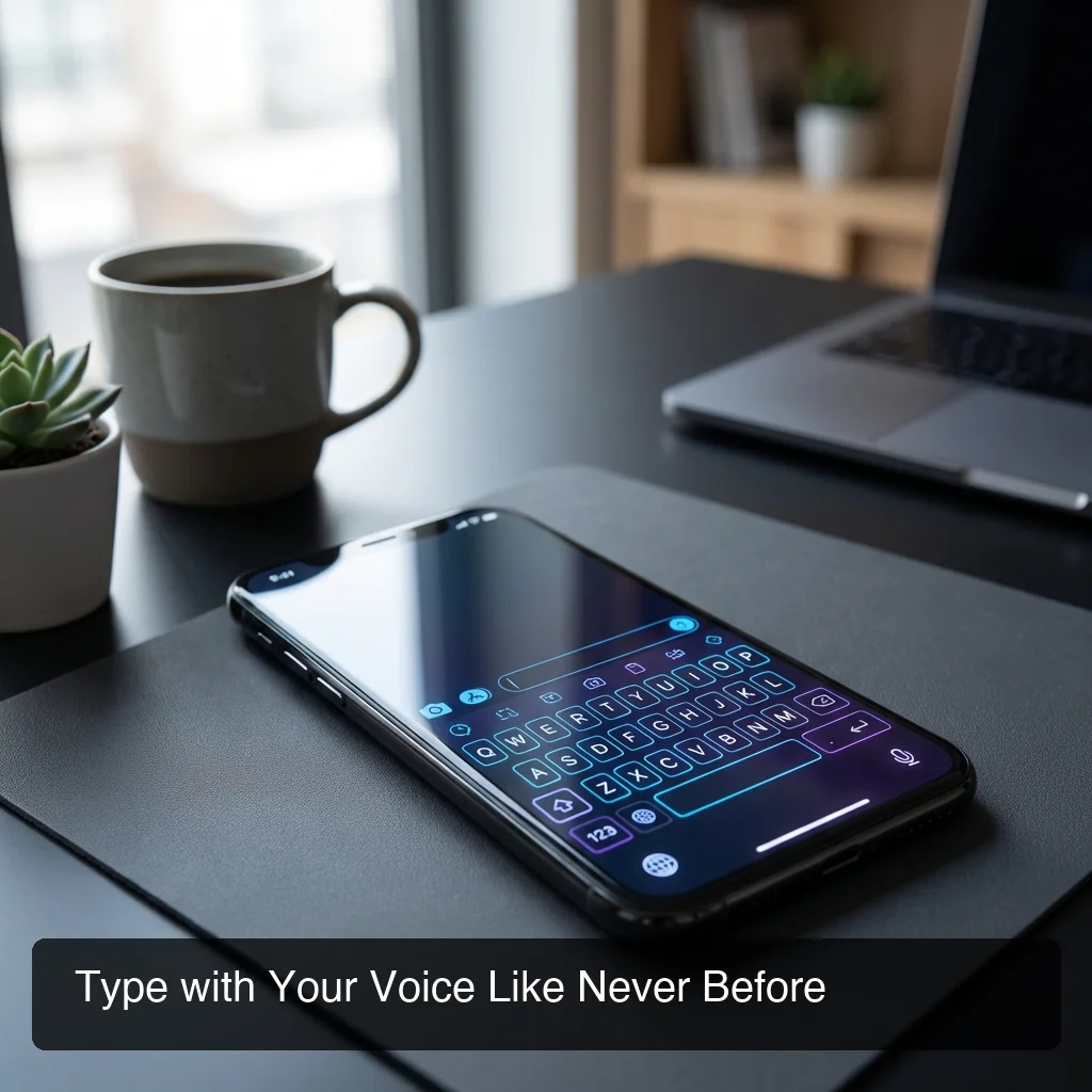Professional BossAI keyboard interface on iPhone, futuristic minimal design, clean background, soft lighting