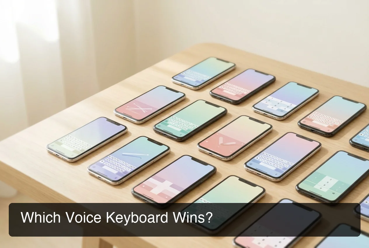 Flat comparison grid of iPhone keyboard apps side-by-side with different voice features highlighted, light clean background, minimal design