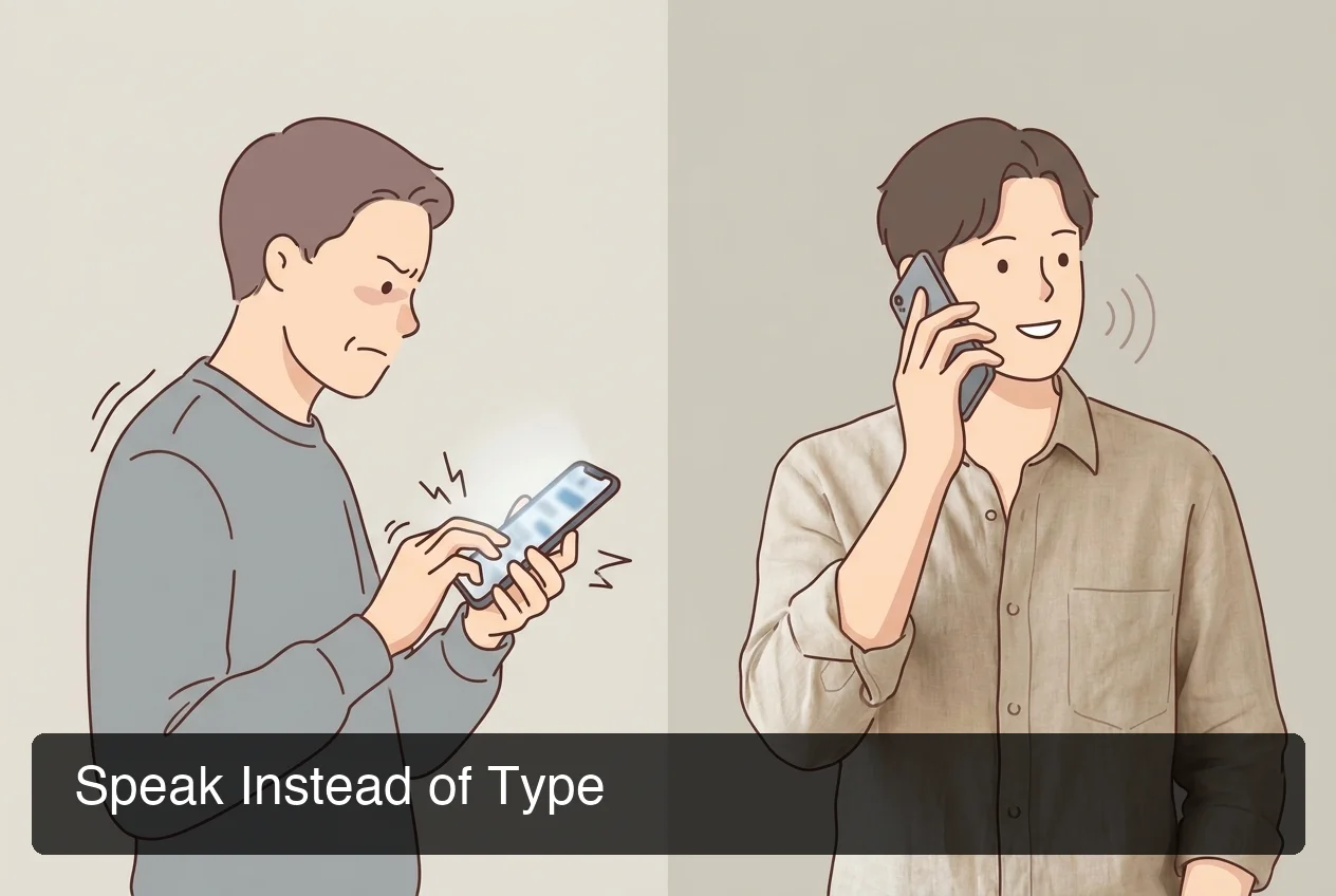 voice journaling comparison showing typing stress versus speaking calmly into a voice note app