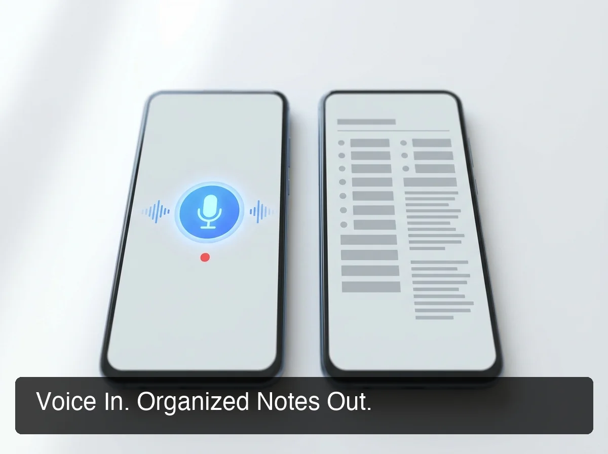 BossAI voice note taking showing organized text output from voice input, clean split-screen view