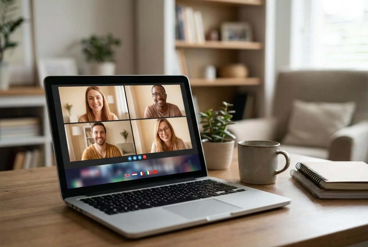 BossAI voice note translator workflow showing a team collaborating across languages on a video call