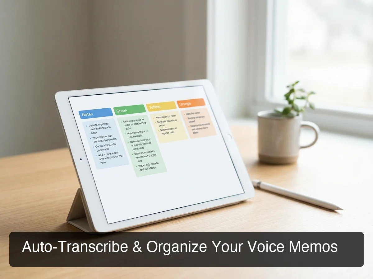 voice note taking app with auto-transcription and organized categories on tablet