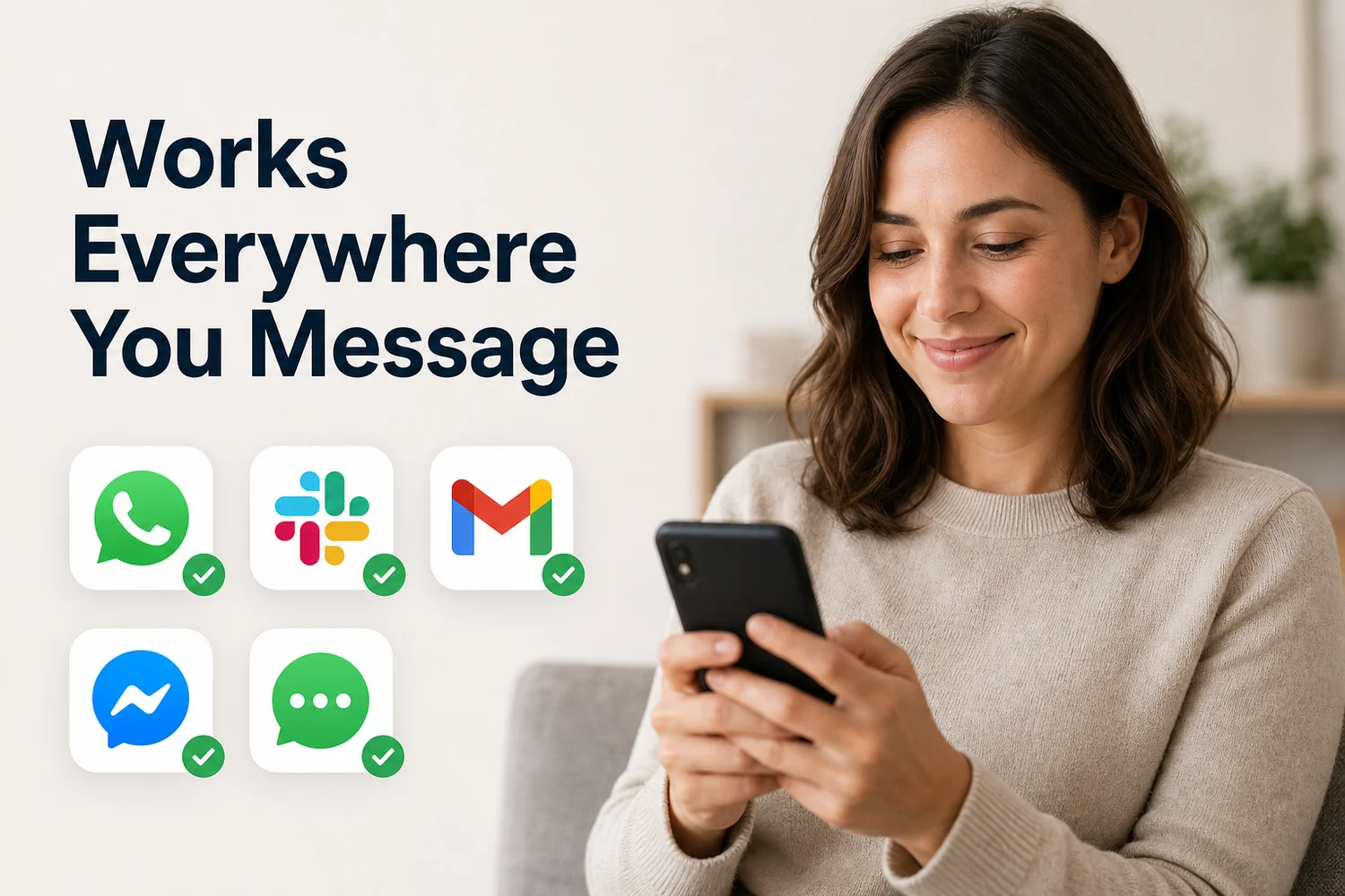 Grid of popular Android messaging app icons — SMS, WhatsApp, Slack, Gmail, and Messenger — each marked with a checkmark to show voice texting compatibility