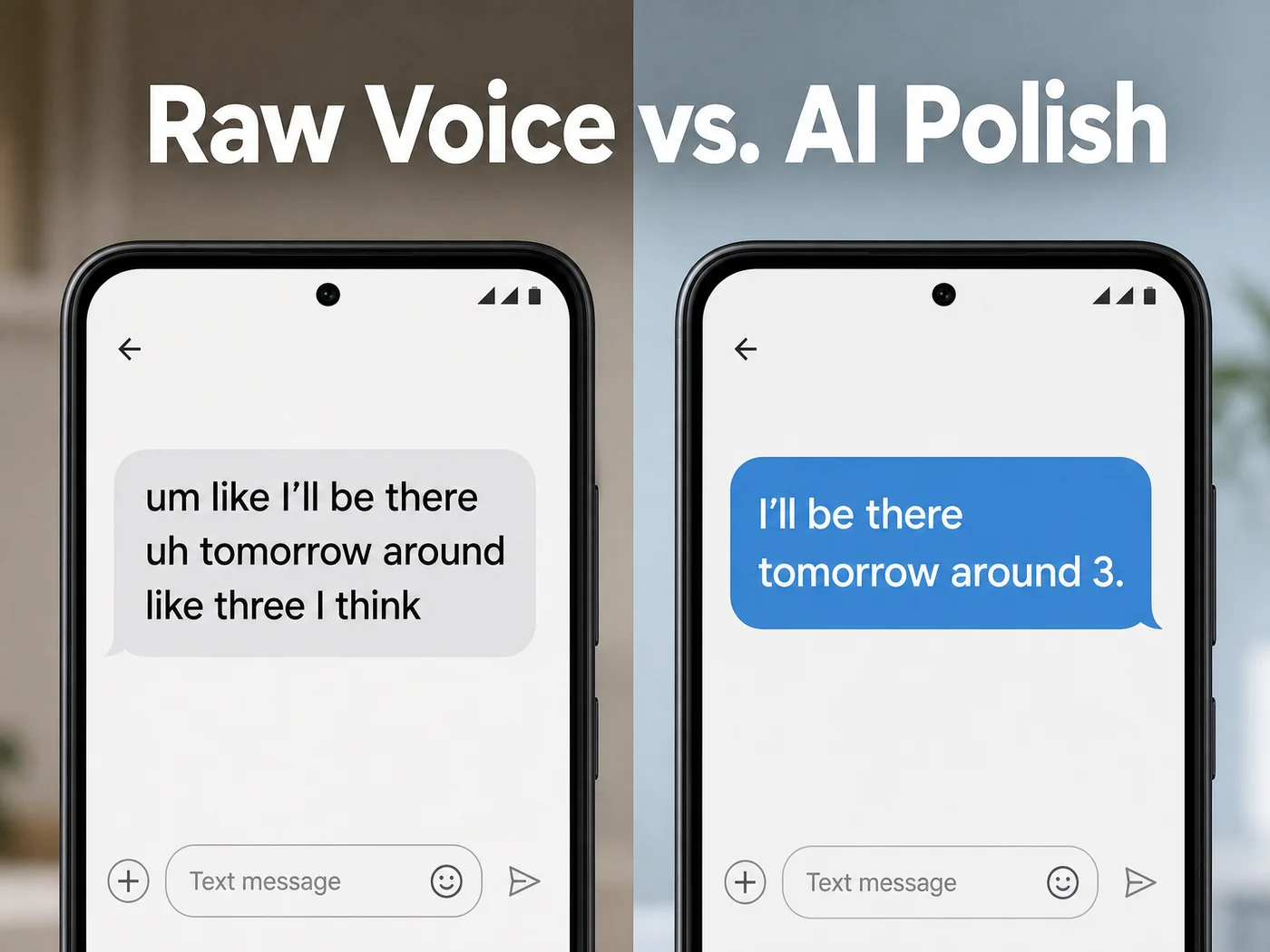 Side-by-side text bubbles comparing raw voice transcription with filler words against the AI-polished version of the same message