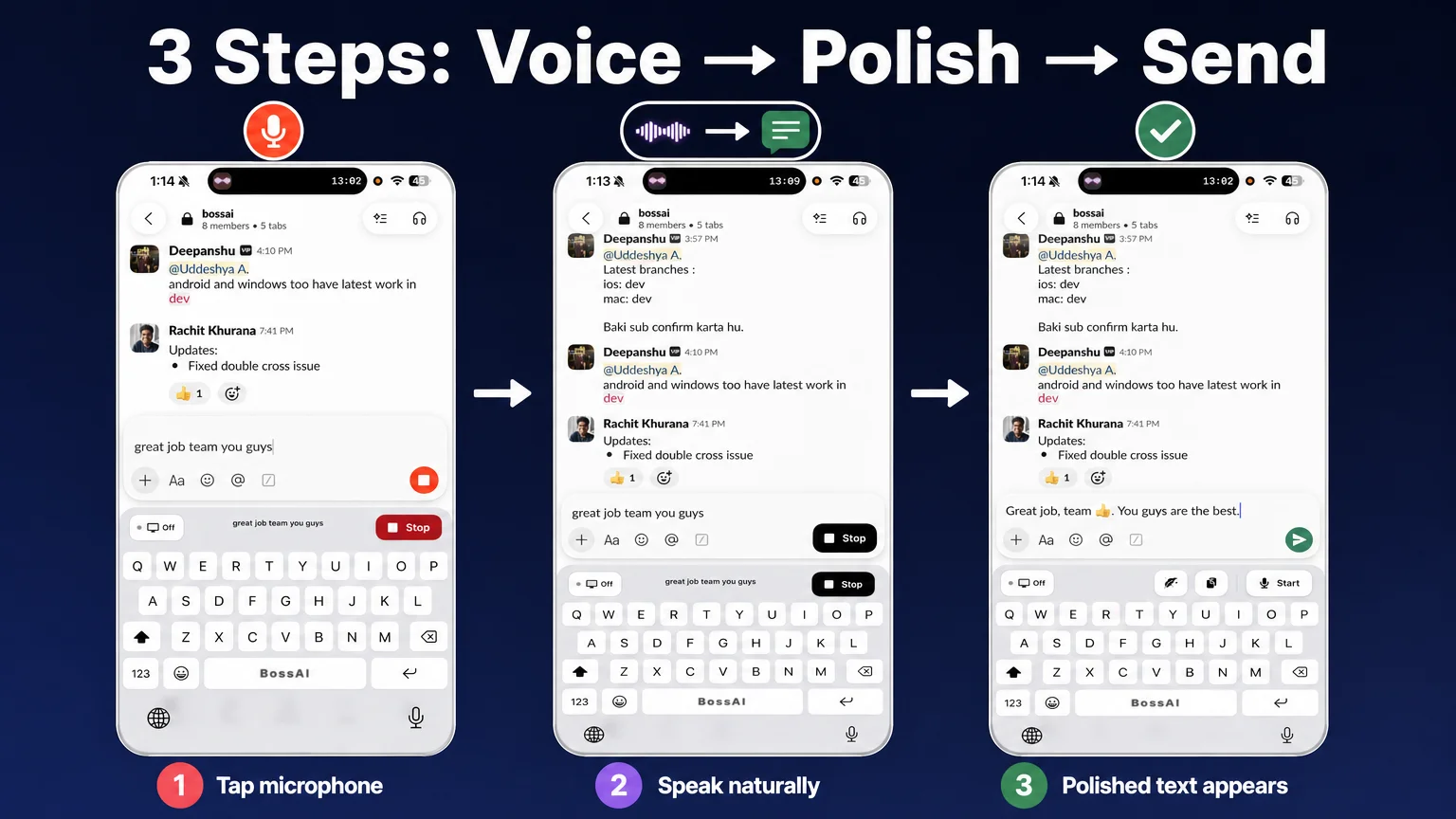 BossAI keyboard active in a Slack conversation on Android, showing the voice-to-polished-text workflow from tap to send