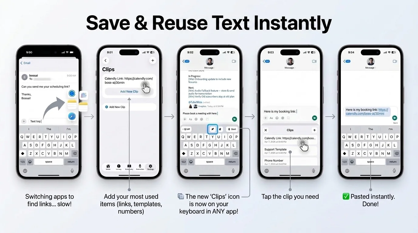 BossAI Clips keyboard menu showing a saved Calendly link ready to paste as a voice text message shortcut