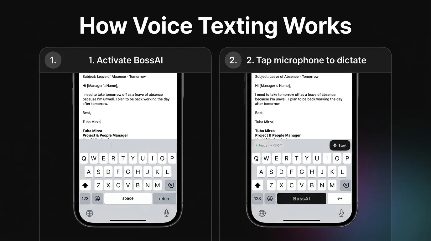BossAI keyboard showing how to dictate text messages directly from the iOS keyboard