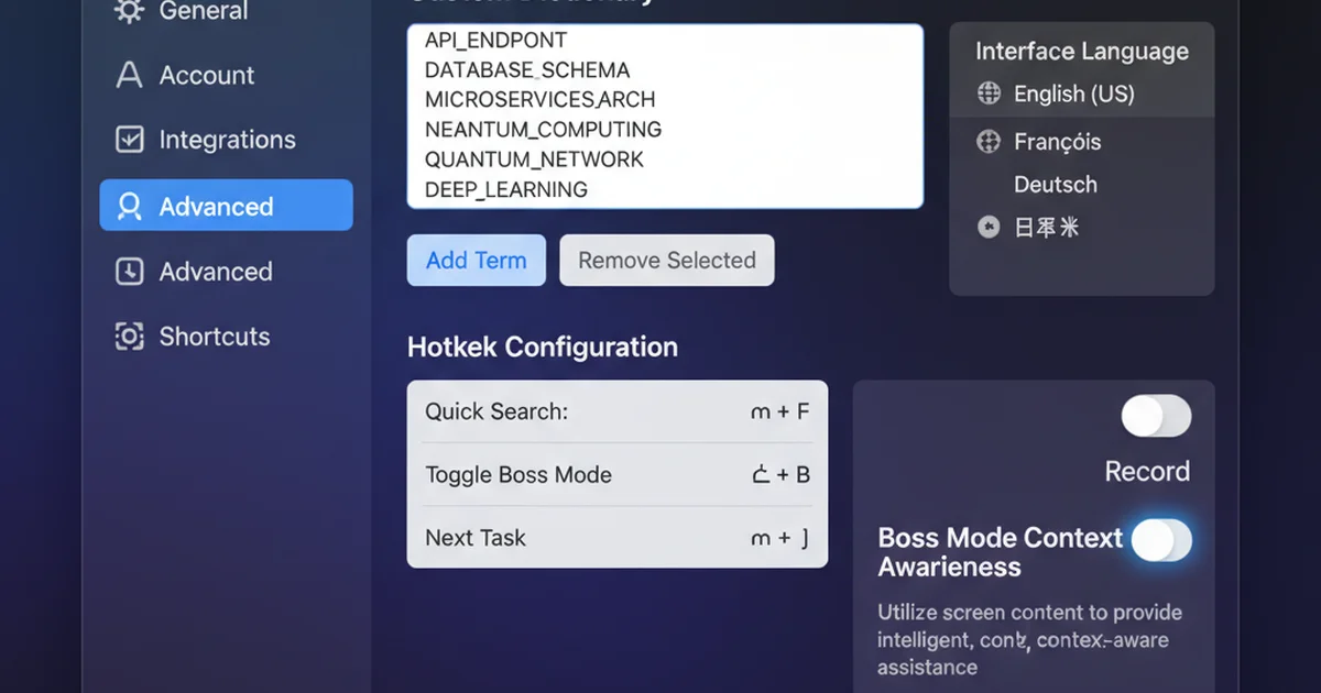 Interface showing BossAI's custom dictionary setup, language settings, hotkey configuration, and Boss Mode screen context awareness