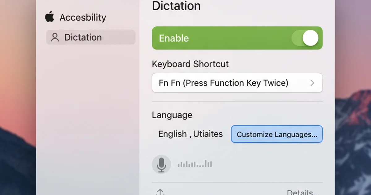 Mac voice to text setup interface showing System Settings dictation panel with toggle switch and keyboard shortcut configuration
