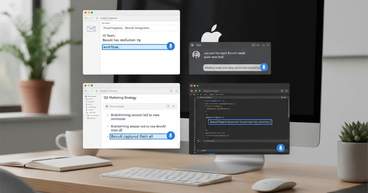 Screenshots showing BossAI voice typing in action across Mail app, Slack, Google Docs, and VS Code on macOS