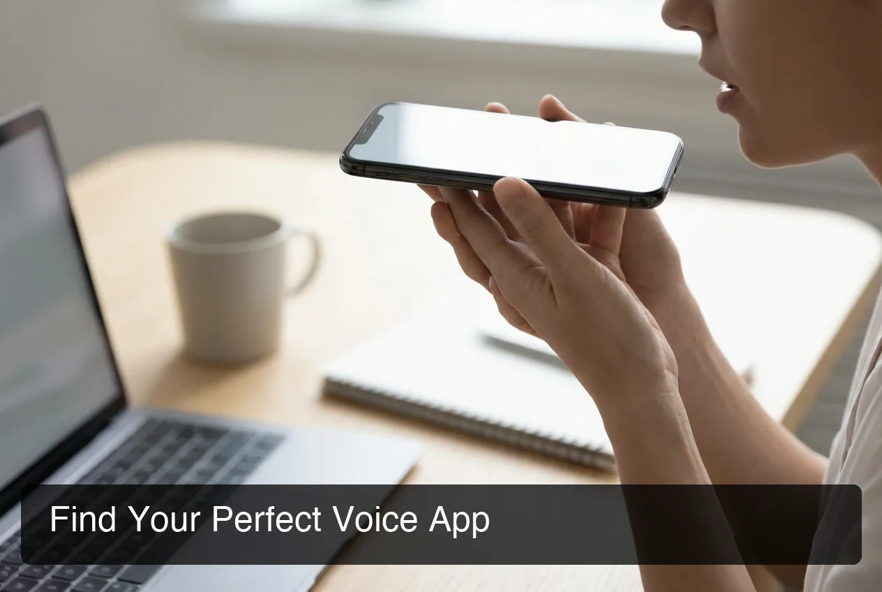 Person at desk using voice dictation for iphone with BossAI keyboard in a professional setting