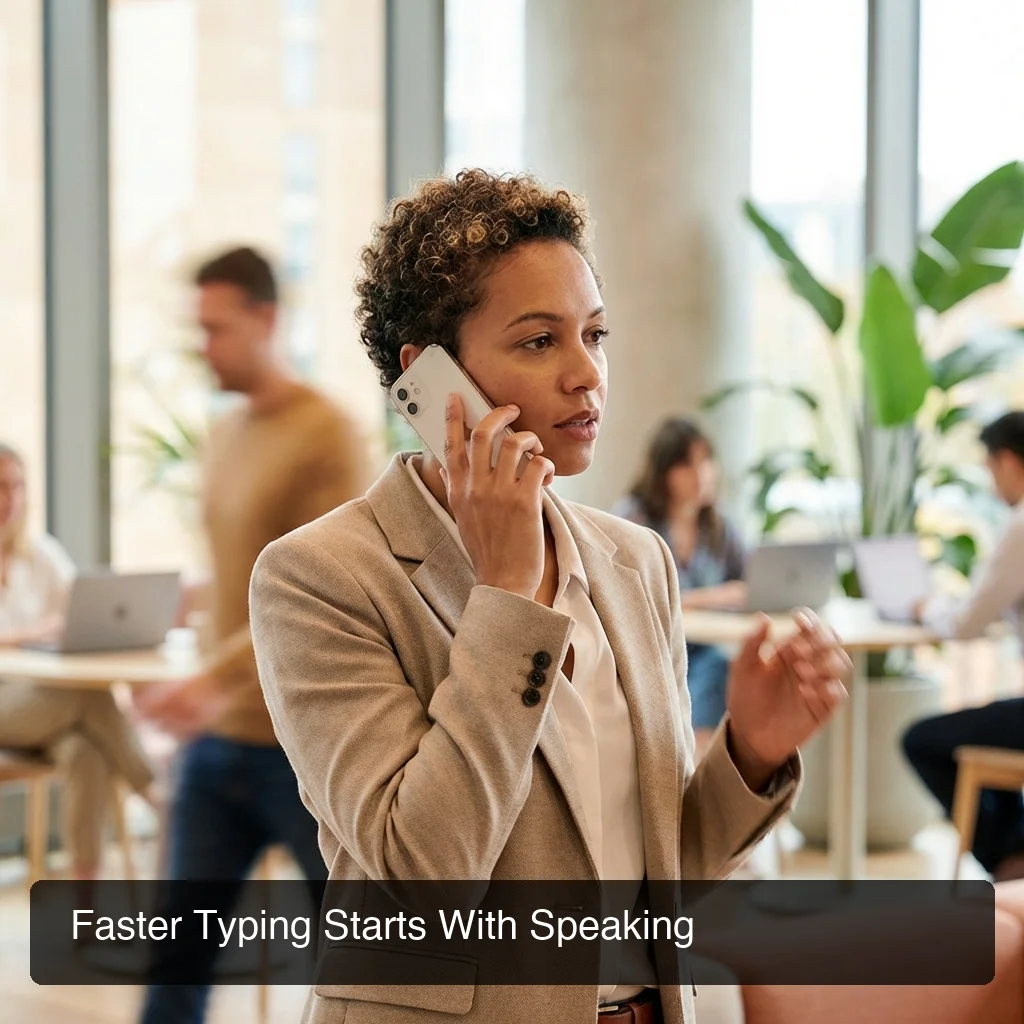 BossAI best voice to text app iphone showing AI keyboard dictating email hands-free in a professional workspace